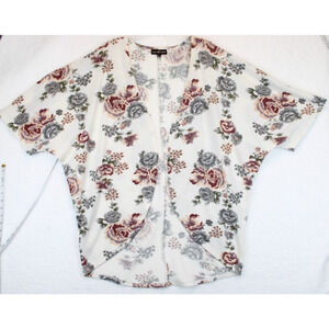 Almost Famous Kimono Cover Up Women L White Pink Floral 3/4 Sleeves Beachy Boho